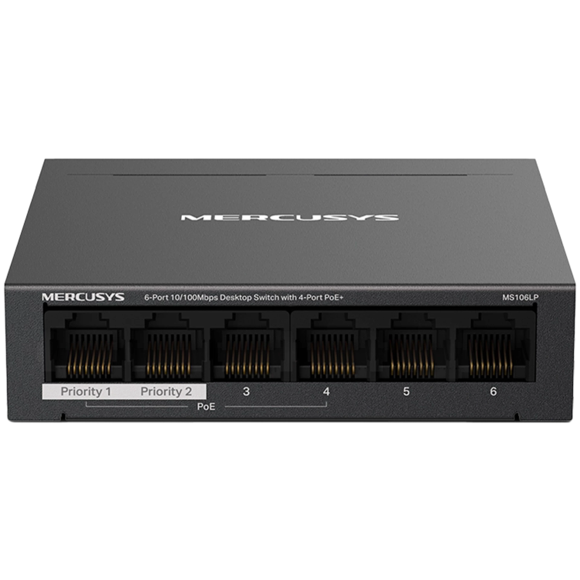 Mercusys MS106LP 6-Port 10/100 Mbps Desktop Switch with 4-Port PoE+, Compatible with 802.3af/at PDs, 40 W PoE Power, Desktop Steel Case, Wall Mounting, Extend Mode for 250m PoE Transmitting, Priority Port1-2, Isolation Mode, PoE Auto Recovery