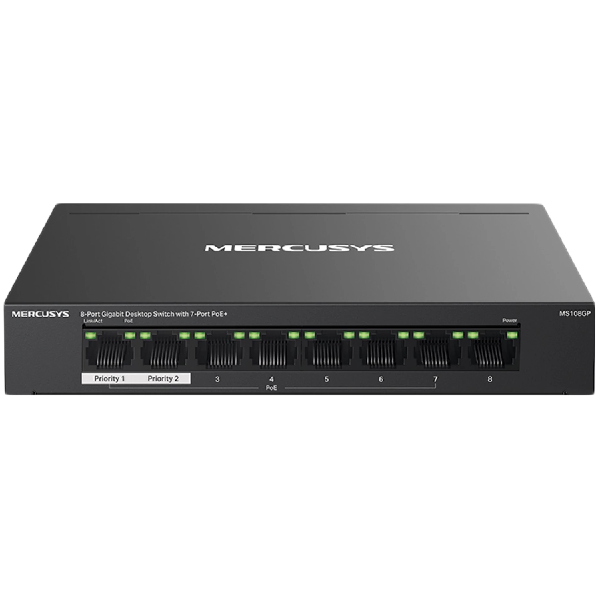 Mercusys MS108GP 8-Port Gigabit Desktop Switch with 7-Port PoE+, 7× Gigabit PoE+ Ports, 1× Gigabit Non-PoE Ports, Compatible with 802.3af/at PDs, 65 W PoE Power, Desktop Steel Case, Wall Mounting,Extend Mode for 250m PoE Transmitting, Isolation Mode