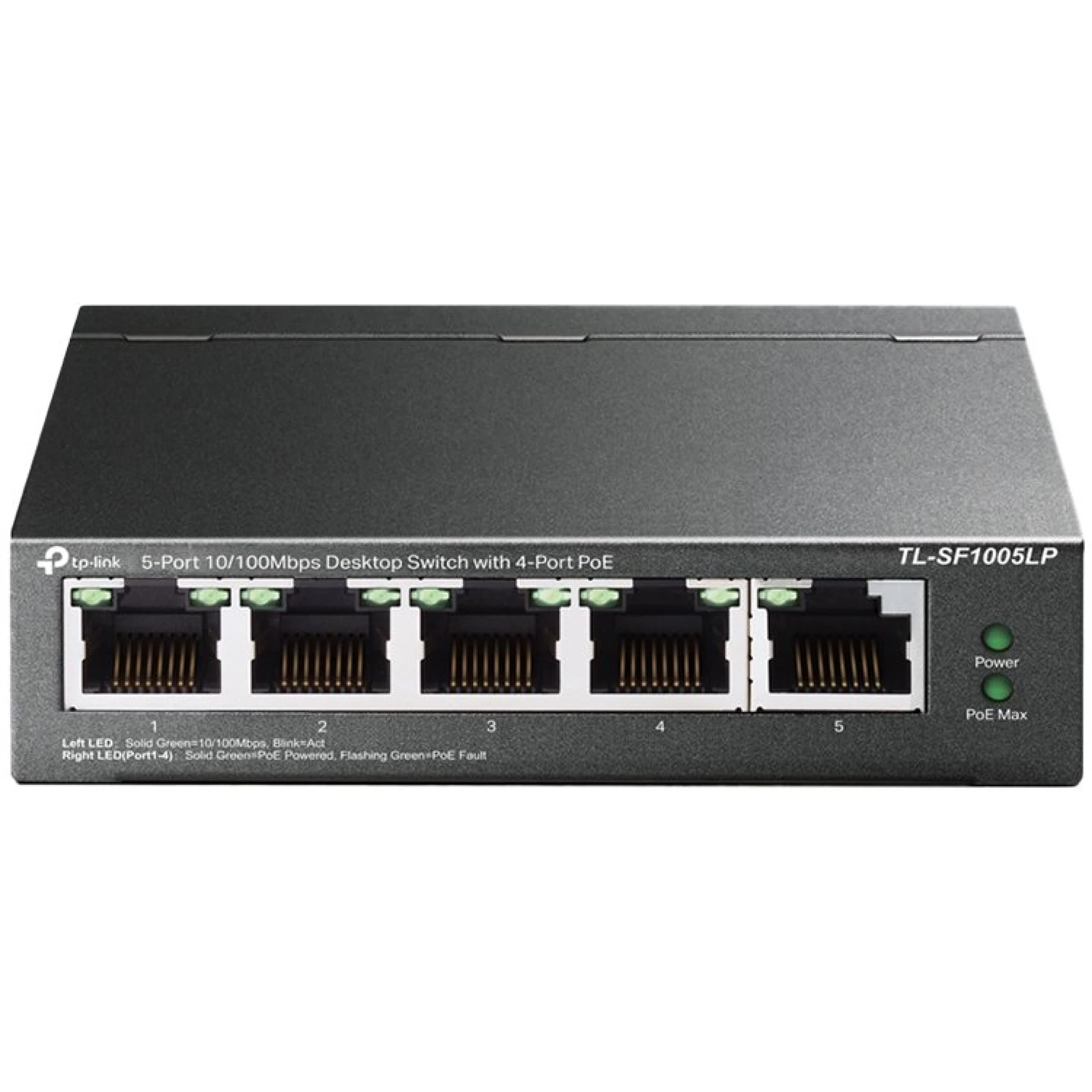 TP-Link TL-SF1005LP 5-Port 10/100Mbps Desktop Switch with 4-Port PoE+, 41 W total PoE budget, PoE Auto Recovery, Up to 250m data and power transmitting range under Extend Mode, Priority Mode, Fanless design, Desktop/Wall-mounting,Durable Metal Casing