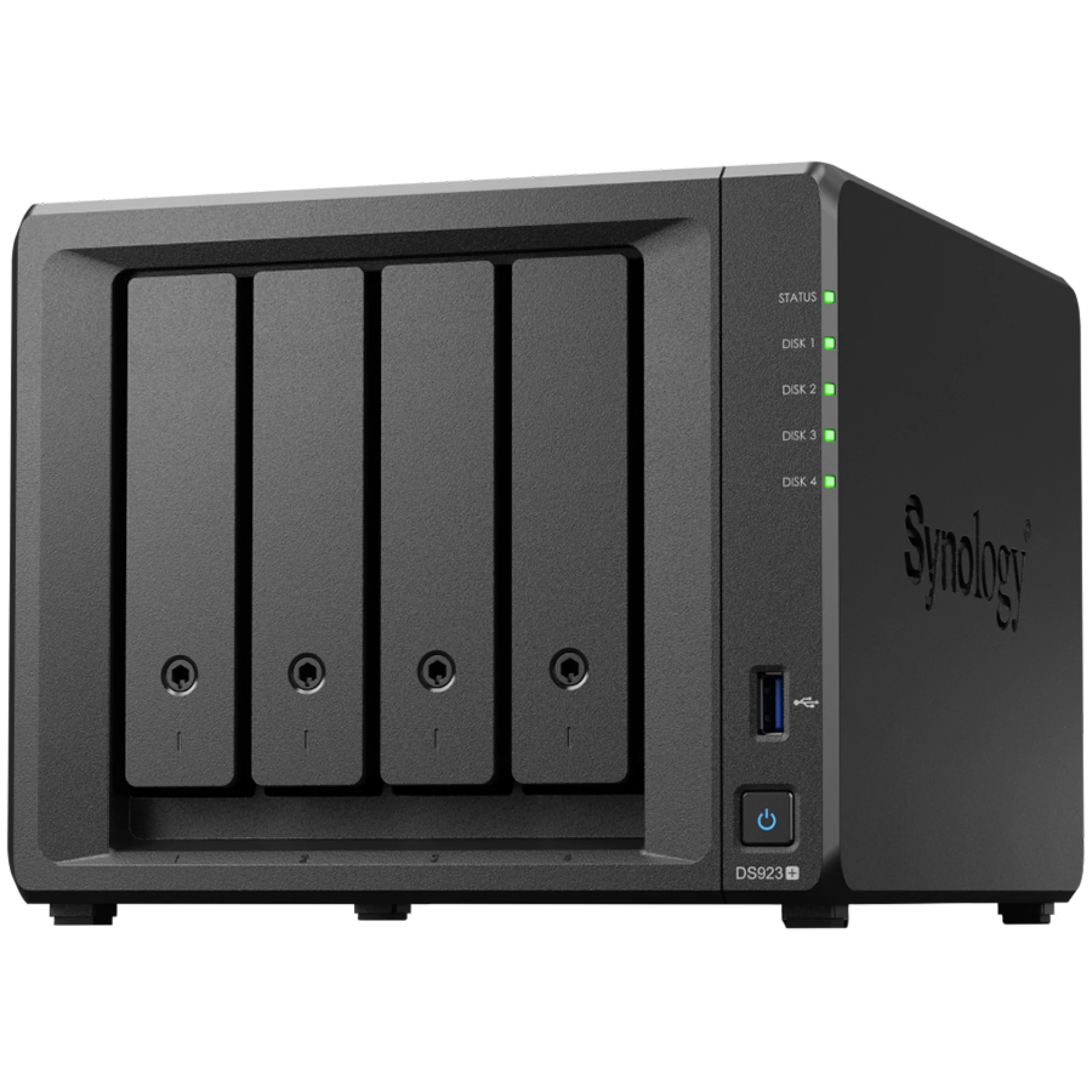 Synology DiskStation DS923+, Tower, 4-Bays 3.5'' SATA HDD/SSD, 2 x M.2 2280 NVMe SSD slot, CPU AMD R1600 2-core 2.6 (base) / 3.1 (turbo) GHz, 4 GB DDR4 ECC, 2x RJ-45 1GbE LAN Port; 2x USB 3.2; eSATA port; 2.24 kg; 3yr warranty