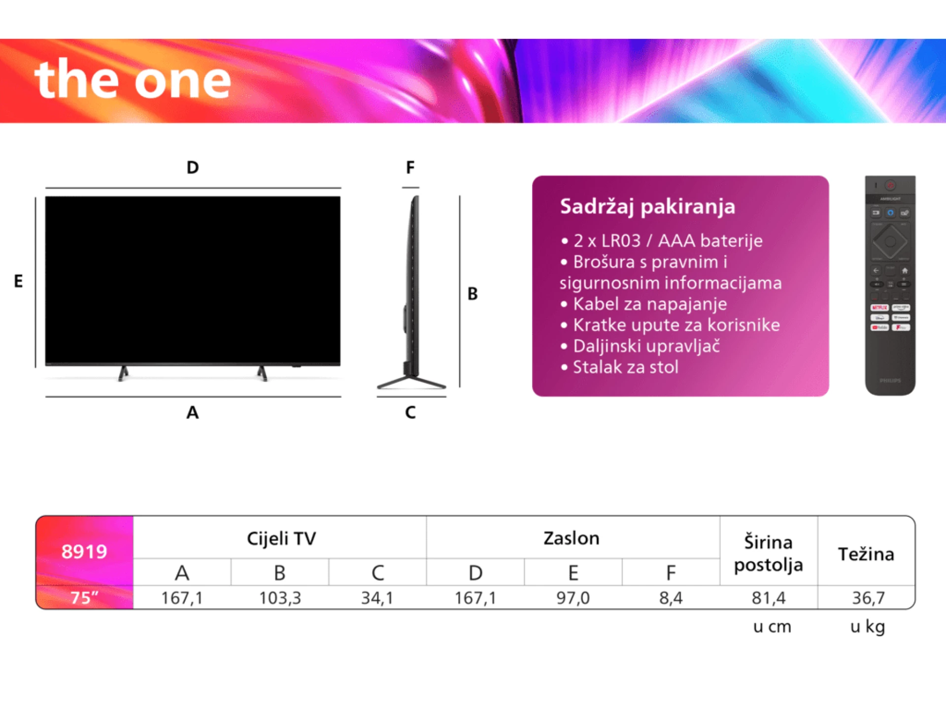 Philips 75"PUS8919 4K Titan OSAmbiliht TV s 3 stran; 120HzRMS 40W; Dolby Digital; Dolby Atmos