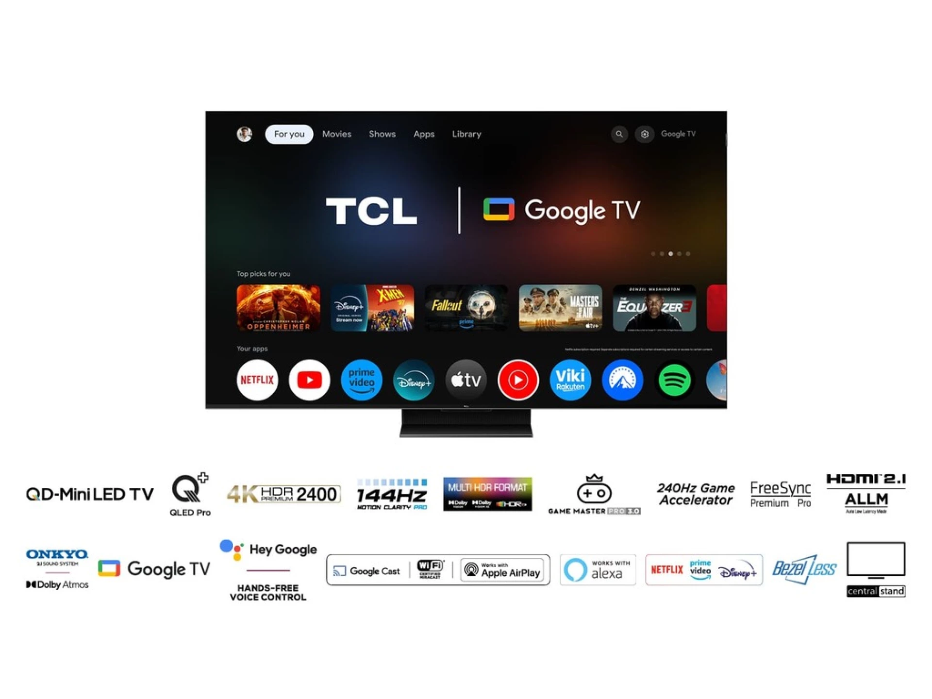 TCL 75"C765 QD-Mini LED 4K TVHDR 2400 nits; QLED PRO;ONKYO 2.1ch; 144Hz VRR; Google TV