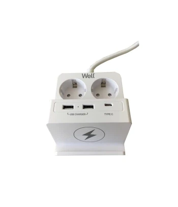 Produžni Kabel | 2x Šuko | 2x USB-A | 1x USB-C | 10W Bežični Punjač | WELL