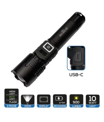 Ručna LED Svjetiljka | 10W 500lm | USB-C Punjiva | LED Zaslon | REXER